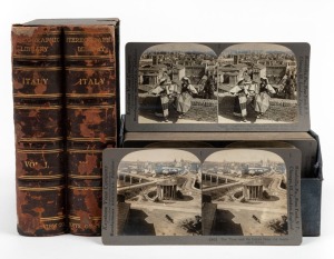 KEYSTONE VIEW COMPANY: Boxed set of one hundred 'Italy Volumes I & II' stereo cards, featuring subjects such as Roman ruins, Vatican interiors and exteriors, etc., each with extensive explanatory notes on rear. (100 cards)