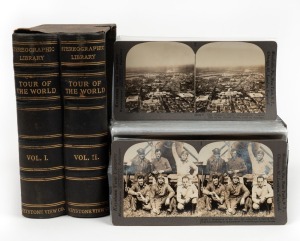 KEYSTONE VIEW COMPANY: Complete set of one hundred individually-numbered stereo cards in cloth-lined box marked 'Tour of the World Vol I/II', featuring views of cities and agricultural practices in the British Isles, Norway, and the Americas, each with co