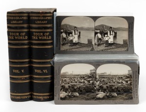 KEYSTONE VIEW COMPANY: Complete set of one hundred individually-numbered stereo cards in cloth-lined box marked 'Tour of the World Vol V/VI', featuring views of Eastern Europe, Greece, Turkey, Ottoman provinces, African wildlife and ivory trade, South and East Asia, Australia, New Zealand, and others, each with copious explanatory notes on rear. (100 cards)