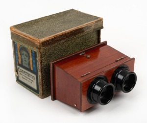 ERNEMANN DRESDEN: Approx. 15.5 x 11 x 8.5cm handheld stereoscope, c. 1900, with maker's box.