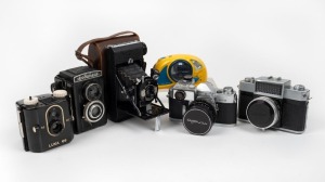 VARIOUS MANUFACTURERS: Group of six cameras - one GOMZ Lubitel, one Kershaw Eight-20 Penguin in leather case, one Minolta SR-3 with SR Meter 2 accessory and lens cap, one Minolta Vectis GX-4 underwater camera, one Nippon Kogaku Nikkorex 35 with lens cap, 