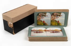 T. W. INGERSOLL: Fifty-three boxed c. 1900 colour stereo cards with explanatory notes on rear, all featuring views of Japanese culture/architecture/landscapes. (53 cards)