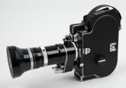 BOLEX-PAILLARD: H-16 Rex-5 16mm movie camera [#255012], c. 1972, with Poe Bolex H16RX Kern Vario-Switar 16-100mm f1.9 lens [#1119634] and lens cap, organised into flight case with pistol grip attachment and other accessories. - 2