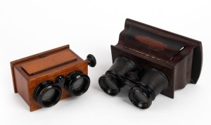 Two c. 1900 wooden handheld stereoscopes, one measuring approx. 18 x 16 x 11.5cm, the other approx. 15 x 10.5 x 7.5cm. (2 items)