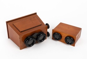 UNIS FRANCE: Two c. 1920s wooden handheld stereoscopes, one with variable focusing mechanism and measuring approx. 17 x 14.5 x 10cm, the other approx. 11.5 x 10 x 5.5cm. (2 items)