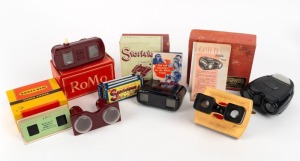 VARIOUS MANUFACTURERS: Five mid-20th century handheld stereoscopes, four of which in maker's boxes - one Stori-Viewer with eighteen film cards, one Craftmen's Guild Twinlenz Viewer, one Romo Standard, one Radex-Gem with five film cards, and one Stereoclic