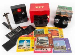VARIOUS MANUFACTURERS: Four handheld stereoscopes - one Corte-Scope, one red-button Stereo Realist, one black Bakelite View-Master in maker's box, and one Model E View-Master with seven film card sets. (4 items)
