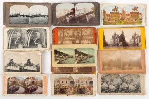VARIOUS PUBLISHERS: Group of one hundred and six stereo cards issued by such publishers as Archibald Burns, Berry Kelly & Chadwick, B. W. Kilburn, Greater New York Stereo Co., Kilburn Brothers, Pan Chro Scope Corporation, Quaker Oats Company, Universal Photo Art Co., and Universal View Co. (106 cards)