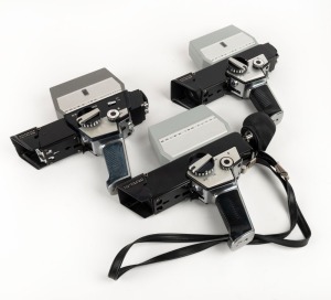 BOLEX-PAILLARD: Three c. 1970s Super-8 movie cameras - one Bolex 150 Super with wrist strap, one Bolex 155 Super, and one Bolex 160 Macrozoom. (3 movie cameras)