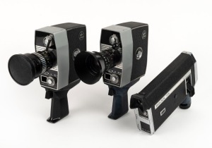 BOLEX-PAILLARD: Three c. 1960s 8mm movie cameras - one Bolex S1 Zoom Reflex Automatic with lens hood and cap, one Bolex P4 Zoom Reflex Automatic with lens hood, and one Bolex 7.5 Macrozoom. (3 movie cameras)