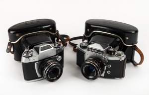 IHAGEE: Two c. 1960s SLR cameras, each in black leather case - one Exakta VX500 and one Exa IIb. (2 cameras)