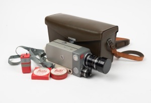 LEITZ: Leicina 8SV 8mm movie camera, c. 1964, with Vario 7.5-35mm f1.8 lens. Offered in matching leather case with lens filter, lens adapter, and battery element.