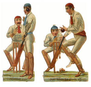 1881 G.J.Ramsdell (Ross Climax Cigars, USA), early American advertising cards, complete set [5] - Batsman, Bowled, Bowler, Fielder & Wicket Keeper; plus c1890 cut-to-shape cricket cards (3), issuer unknown, each about 85mm high, comprising "Just taken his