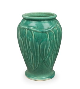 MELROSE WARE green glazed pottery vase with gum leaf decoration, stamped "Melrose Ware, Australian" 24.5cm high