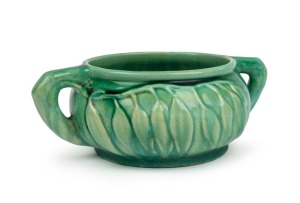 MELROSE WARE two handled green glazed pottery bowl with gum leaf decoration, stamped "Melrose Ware, Australian" 8cm high, 23cm wide