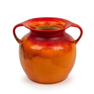 MELROSE WARE rare two handled pottery vase with experimental burnt orange and ruby red glaze, stamped "Melrose Ware, Australian" 20cm high, 24cm wide