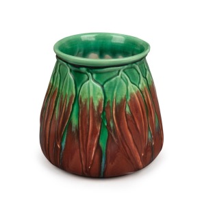 MELROSE WARE green and brown glazed pottery vases with gum leaf decoration, stamped "Melrose Ware, Australian", 15.5cm high, 16cm wide