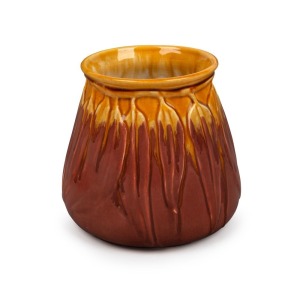 MELROSE WARE rare mustard and brown glazed pottery vases with gum leaf decoration, stamped "Melrose Ware, Australian", 15.5cm high, 16cm wide