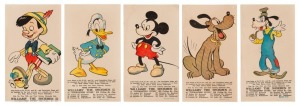 Disney characters advertising for WILLIAMS' THE SHOEMEN PTY LTD: circa 1940s series of five cards printed by Renwick Pride (Melbourne printers) depicting Mickey Mouse, Donald Duck, Pluto, Goofy, and Pinocchio, with details of a competition printed at the 