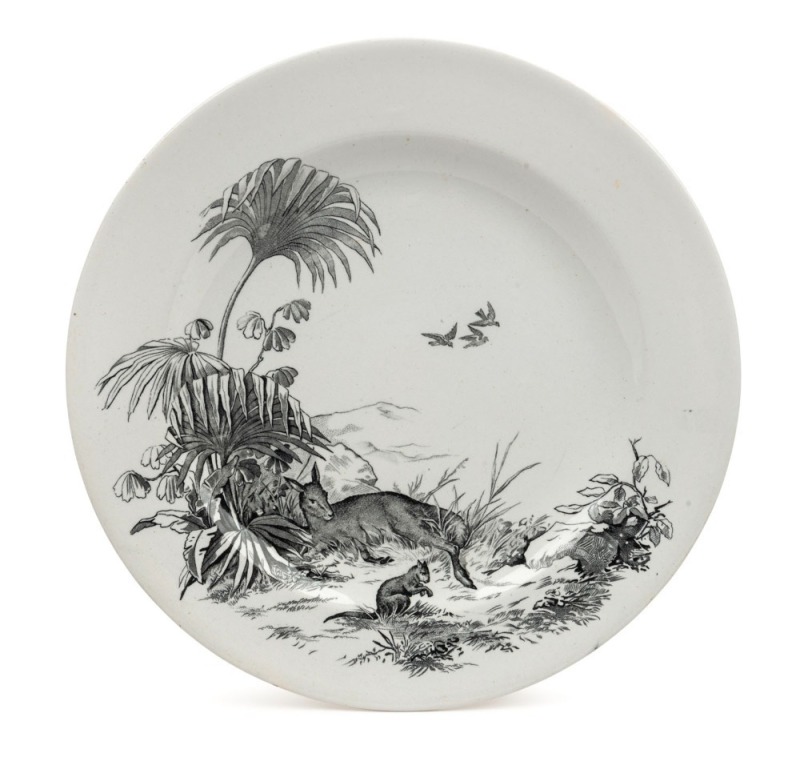 "THE AUSTRALIAN BUSH" antique English porcelain plate adorned with kangaroos in landscape by BROWNFIELD, circa 1874, factory and diamond registration marks to base, 26cm diameter