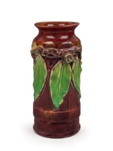 PAMELA banded pottery vase with applied gumnuts, leaves and branch decoration, attractive early pink, green and yellow colourway, incised "PAMELA", 20.5cm high