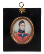 GODFREY BALDOCK&nbsp;antique miniature portrait of a gentleman in military dress, early 19th century, 7.5 x 6.5cm, 13.5 x 12cm overall. Titled verso on an old label.