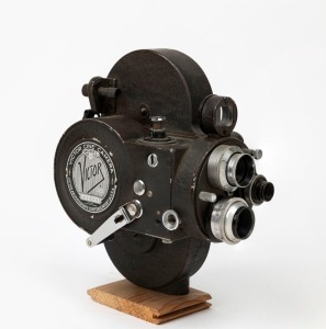 VICTOR ANIMATOGRAPH: Victor Cine Camera Model 4 movie camera, c. 1930s, with three lenses and one viewfinder.