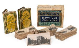 ROTARY PHOTOGRAPHIC CO.: Two 7.5cm high 'Pocket Rotoscope' miniature stereo viewers, c. 1908, with more than one hundred matching stereo cards in vintage cigarette box. (3 items)