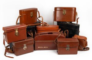 BOLEX-PAILLARD: Accumulation of twelve leather movie camera cases, each with Bolex-Paillard imprint. (12 items)