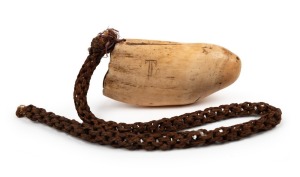 TABUA antique whale tooth pendant engraved with the letter "T", suspended on original woven fibre rope, 19th century, the tooth 16cm long