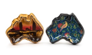 ROYAL DOULTON two "Map of Australia" English porcelain dishes, rare, circa 1920, factory marks to base, 13cm wide each