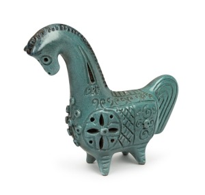 McLAREN blue glazed pottery horse, incised "McLaren", 19cm high