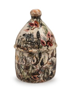 ARTHUR MERRIC BOYD & NEIL DOUGLAS impressive and rare covered vessel painted with spotted quoll in bush landscape, titled inside the lid "Native Cat, Banksia, Hakea, Grevillia", 32cm high, 21cm wide