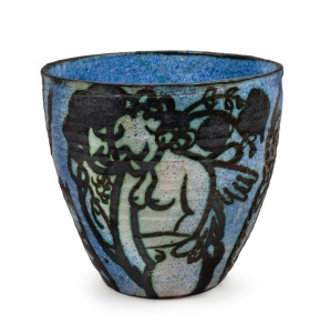 JOHN PERCEVAL blue glazed pottery vase with hand-painted figures, incised "A.M.B. PERCEVAL, 1951", ​​​​​​​25cm high, 26cm diameter