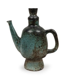 DAVID & HERMIA BOYD green glazed pottery teapot, incised and signed "D.+ H. Boyd", 32cm high