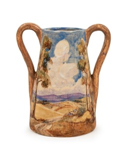 ARTIST UNKNOWN attractive two handled pottery vase with hand-painted mountain landscape scene, incised "E. G. L.", 16.5cm high