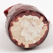 ELIZABETH EYRES unusual hand-built burgundy pottery jug decorated with flannel flowers, face mask and branch handle, incised "Elizabeth Eyres, '34", 24cm high - 5