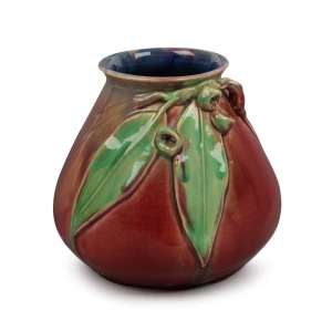 REMUED pottery vase with applied gumnuts, leaves and branch decoration, glazed in early pink and lime green with blue interior, incised "Remued, Hand Made, 154 M", ​​​​​​​16.5cm high