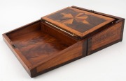 An antique Anglo-Ceylonese writing slope with specimen wood inlay, 19th century. Finely crafted with two separate secret compartments, fitted with drawers, 16cm high, 44cm wide, 26cm deep - 4