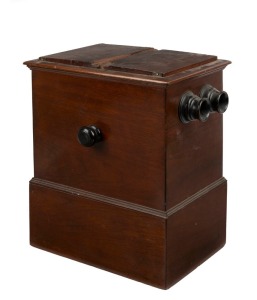 Circa 1910s mahogany tabletop stereoscope, 40cm in height with dual front and back viewing lenses and 20-capacity internal carousel.