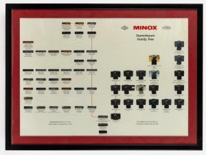 MINOX: 80.5 x 60cm framed poster featuring the 'Minox Stammbaum Family Tree', c. 1996.