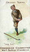 1899 W. & F.Faukner (Grenadier Cigarettes) "Cricket Terms" part set [6/12]. mainly Fair/G (one trimmed); plus 1912 Murray's Cigarettes "Cricketers" (Series H), part set [2/20] with black front - G.L.Jessop & W.C.Smith. G/VG. - 3