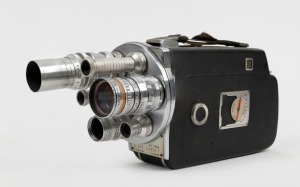 KODAK: Cin&eacute;-Kodak K-100 Turret 16mm movie camera, c. 1950s, with three lenses and three viewfinders attached.