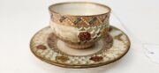 ROYAL WORCESTER antique English reticulated porcelain teacup and saucer with gilded landscape vignettes, butterfly and bird by GEORGE OWEN, circa 1885, impressed and puce factory mark to base, the saucer 10.5cm diameter - 11