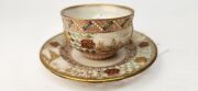 ROYAL WORCESTER antique English reticulated porcelain teacup and saucer with gilded landscape vignettes, butterfly and bird by GEORGE OWEN, circa 1885, impressed and puce factory mark to base, the saucer 10.5cm diameter - 12