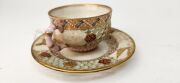 ROYAL WORCESTER antique English reticulated porcelain teacup and saucer with gilded landscape vignettes, butterfly and bird by GEORGE OWEN, circa 1885, impressed and puce factory mark to base, the saucer 10.5cm diameter - 14