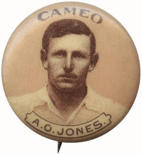1901 British American Tobacco (issued in Australia) badges "Cameo English Cricketers", almost complete set [13/14], comprising Barnes, Blythe, Garnett, J.Gunn, Hayward, G.L.Jessop, A.O.Jones, Lilley, A.C.McLaren, C.McGahey, W.G.Quaife, C.I.Robson & Tyldes