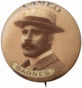 1901 British American Tobacco (issued in Australia) badges "Cameo English Cricketers", almost complete set [13/14], comprising Barnes, Blythe, Garnett, J.Gunn, Hayward, G.L.Jessop, A.O.Jones, Lilley, A.C.McLaren, C.McGahey, W.G.Quaife, C.I.Robson & Tyldes - 2