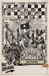 "SOAPBOX CIRCUS - PLUS MATCHBOX", 1976 poster designed and printed by Bob Daly. Soapbox Circus was a group of performers that emerged from the Captain Matchbox Whoopee Band and the Australian Performing Group. Printed on paper, 61 x 40cm