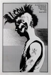 "ICON", poster for group exhibition by artists Sue Grounds, Laurel Frank, Ken Evans, and Mark Patton. Image on poster by Mark Patton. Reverse of poster features information about the exhibition and biographies of the artists. Offset print, laminated, 50 x 34cm